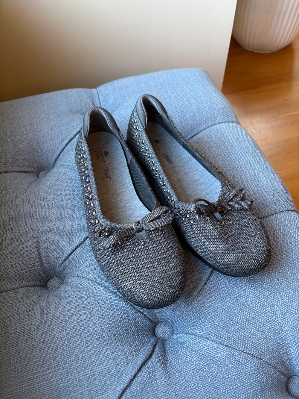 Clarks Gray Sparkle Ballet Flats with Bow and Stud Accents
